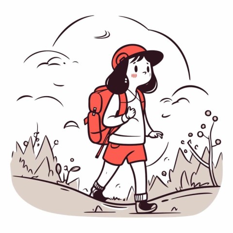 Vector illustration of a girl with a backpack walking in the for