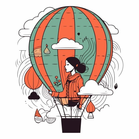 Vector illustration of a girl flying on a hot air balloon in the