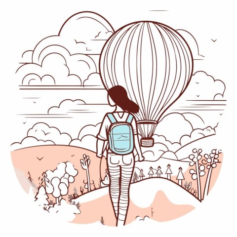 Young woman with a backpack and hot air balloon.