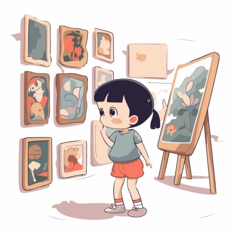 Little girl looking at pictures in art gallery. Cute vector illu