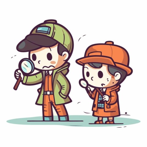 Vector illustration of a boy and a girl with magnifying glass.