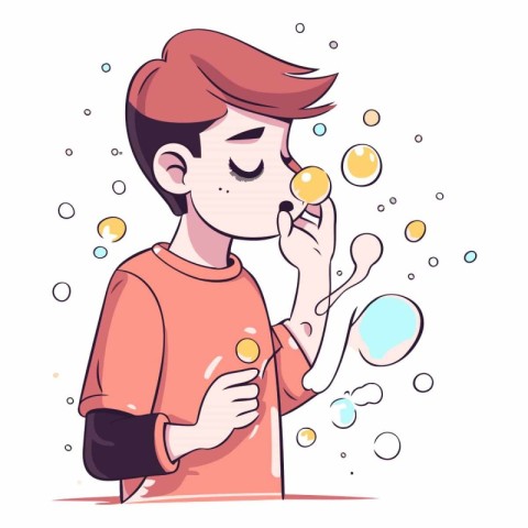 Cute boy blowing soap bubbles in cartoon style.