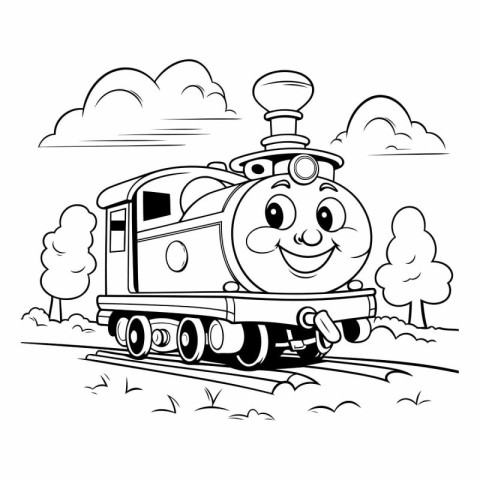 Vector illustration of cute cartoon train with smiling face on t