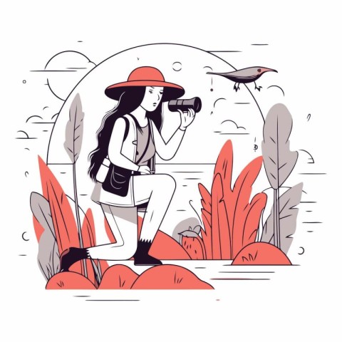 Vector illustration of a girl tourist with binoculars in the par