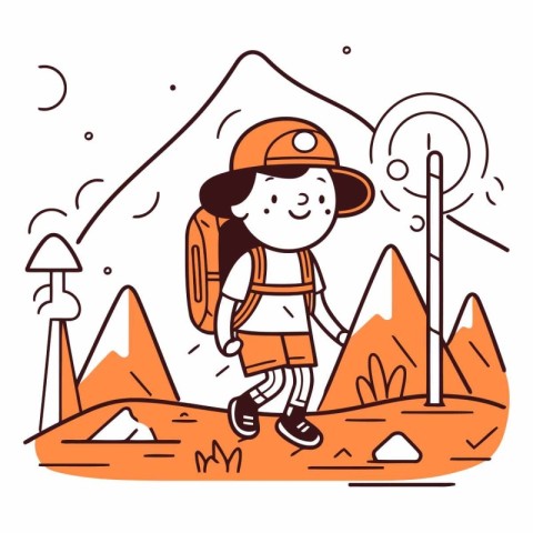 Cute little boy hiking in mountains. Vector line art illustratio