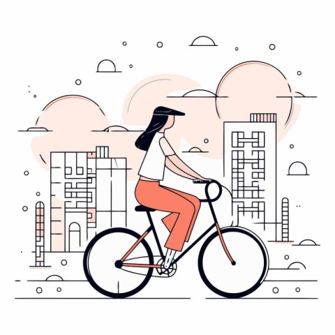 Young woman riding a bike in the city in flat style