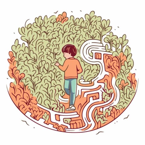 Little boy walking through the maze in cartoon style.