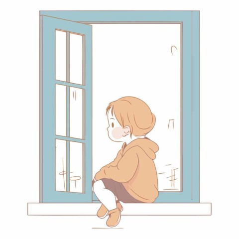 Illustration of a Little Girl Sitting on the Window and Looking