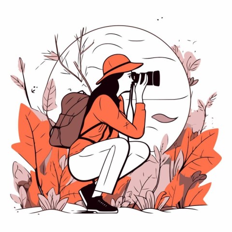 Vector illustration of a girl in a hat with a backpack and a cam