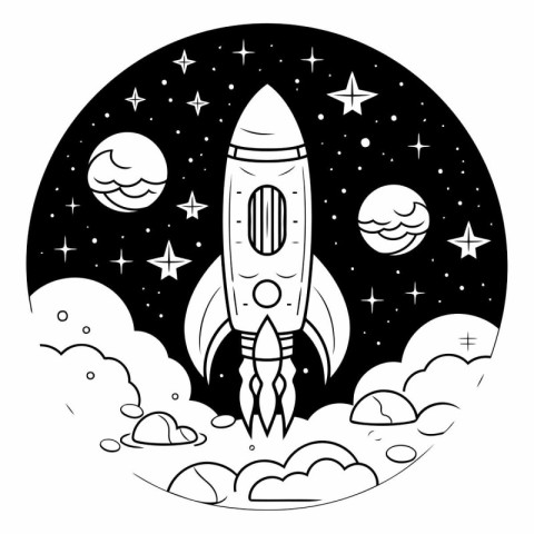 rocket in the space with stars and moon. black and white vector