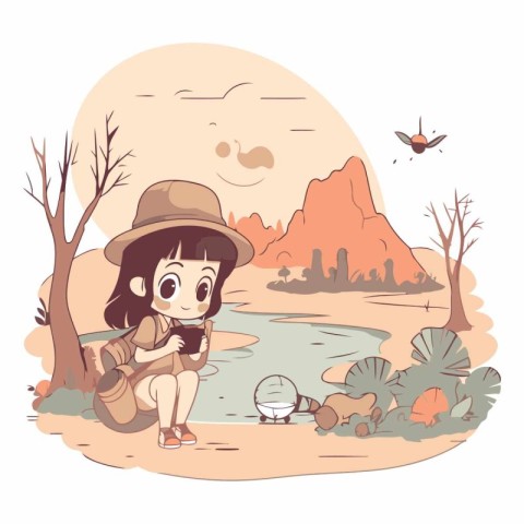 Cute little girl fishing in the river. Cartoon vector illustrati