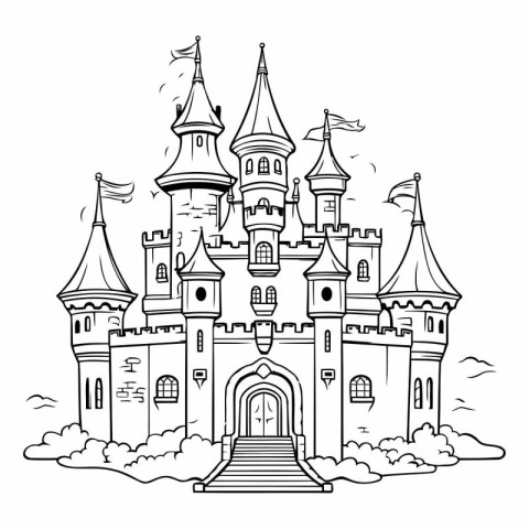 Fairytale castle. Fairy tale castle. Black and white vector illu