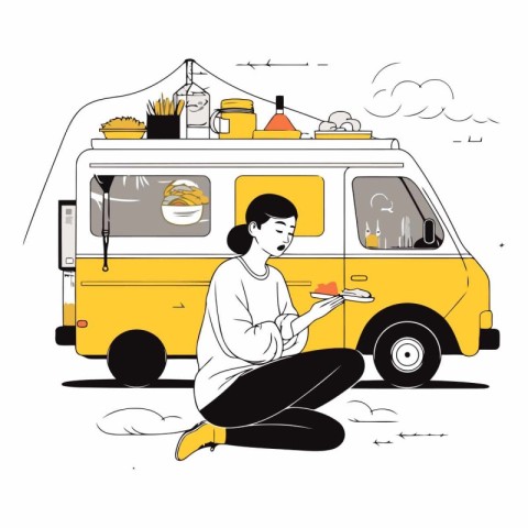 Food truck. man eating pizza of a street food truck.