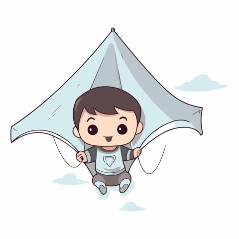 Cute boy flying in the sky with tent.