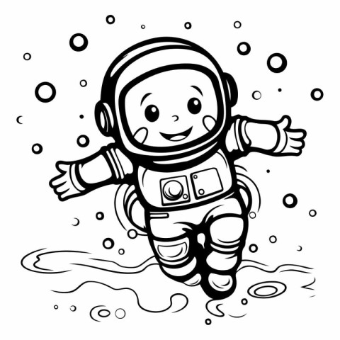 Cute astronaut in the water. black and white vector illustration