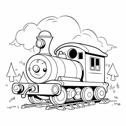 Vintage steam train. Black and white vector illustration for col