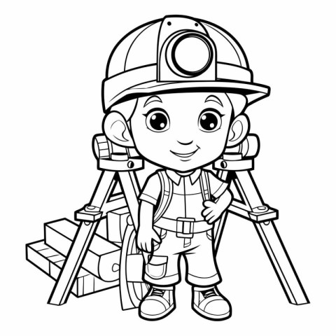 Black and White Cartoon Illustration of Cute Little Fireman Char