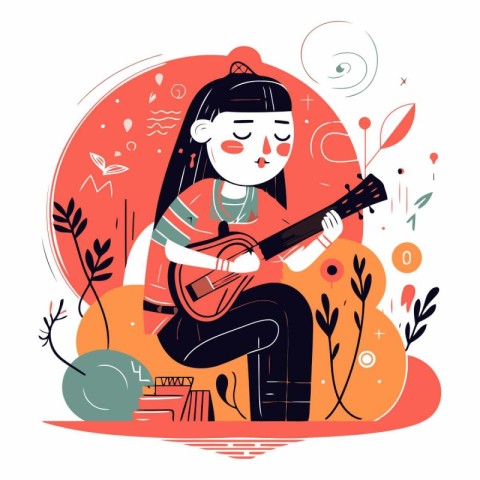 Vector illustration of a girl playing the ukulele in the garden.