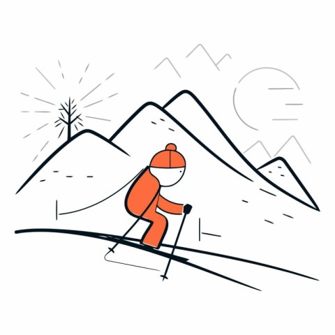 Skiing in the mountains in line art style.