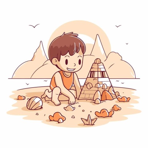 Cute little boy playing in sand on the beach.