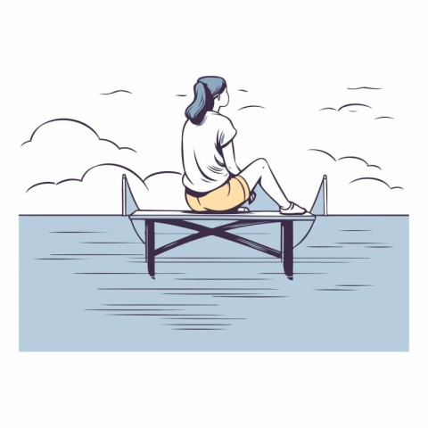 Woman sitting on a chair by the sea in sketch style.