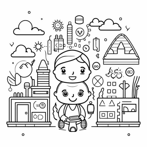 Coloring book for children: little boy in the construction of th