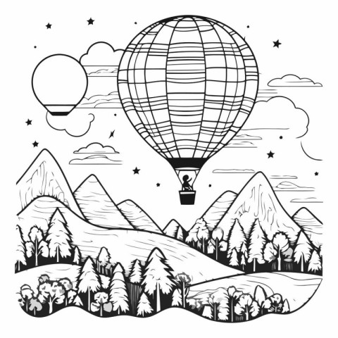 Hot air balloon flying over the mountains in black and white vec