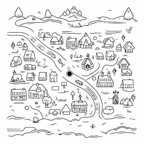 Hand drawn doodle village set isolated on white background.