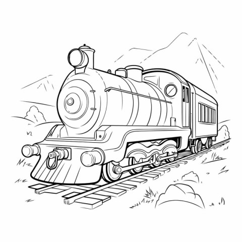 Vintage steam locomotive in the mountains. Hand drawn vector ill