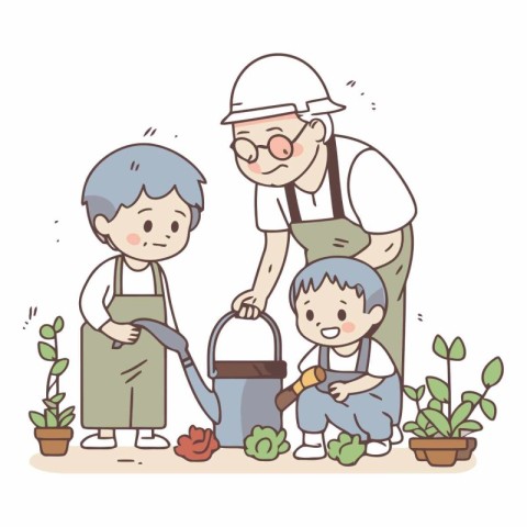 Grandfather and grandson watering plants in cartoon style.