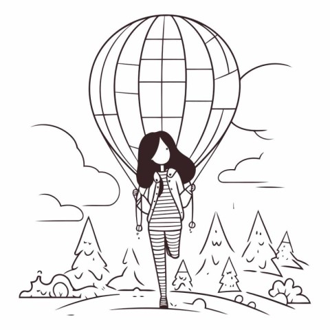 woman with hot air balloon flying in the landscape vector illust