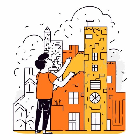 Vector illustration of a man building a city. Flat line art desi