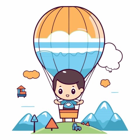 Cute boy flying on hot air balloon in flat style