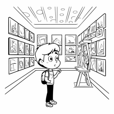 Boy in museum. black and white vector illustration for coloring