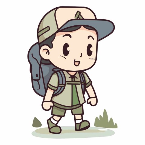 Boy scout with backpack vector illustration. Cute boy scout char