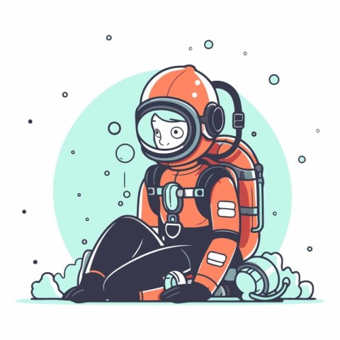 Astronaut sitting on the ground in cartoon style.