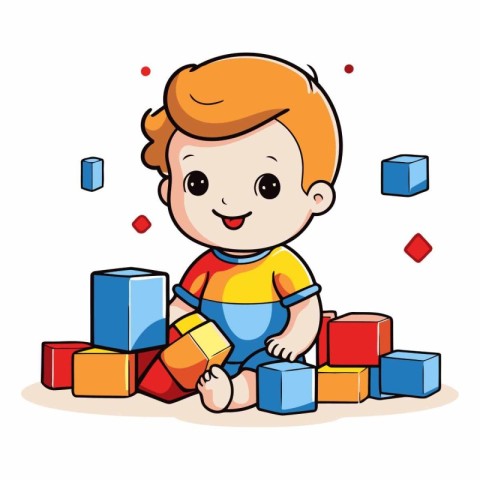 Cute little boy playing with cubes. Colorful vector illustration