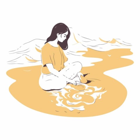 Young woman sitting on the sand and reading a book