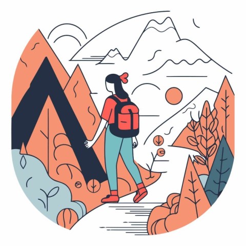 Vector illustration of a girl with a backpack hiking in the moun