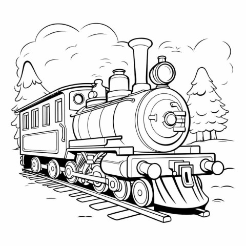 Vector illustration of a steam locomotive in the forest. Cartoon