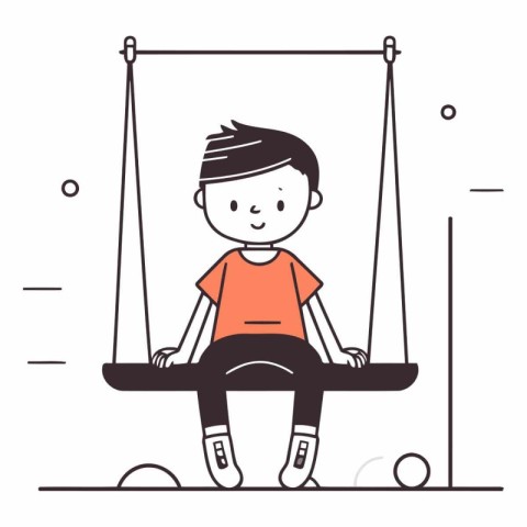 Boy sitting on swing in thin line style. Boy swinging on swing.