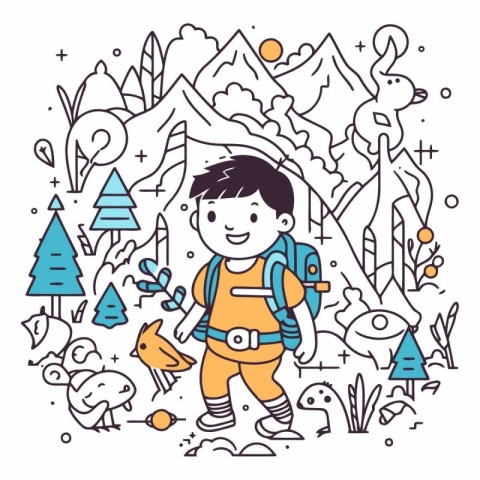 Cute little boy hiking in the forest in doodle style