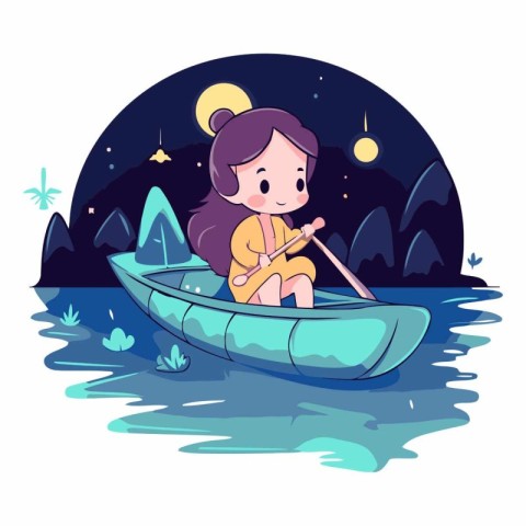 Little girl in a boat on the river at night