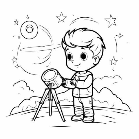 Boy with telescope in the space for coloring book.