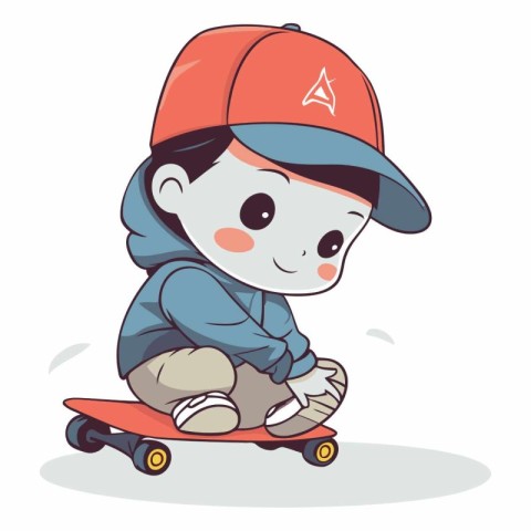 Cute little boy riding a skateboard on a white background.