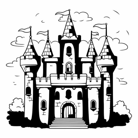 Cartoon castle. Black and white vector illustration for coloring