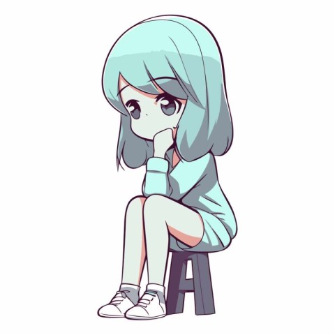 Illustration of a sad girl sitting on a stool on a white backgro