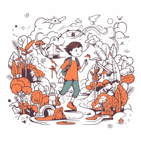 Vector hand drawn illustration of a boy walking in the autumn fo