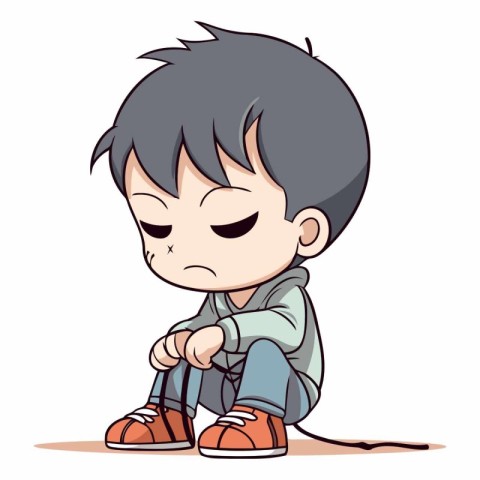 Sad boy sitting on the floor. Cartoon vector illustration isolat