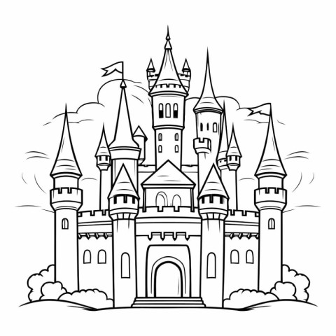 Cartoon castle. Hand drawn vector illustration for coloring book